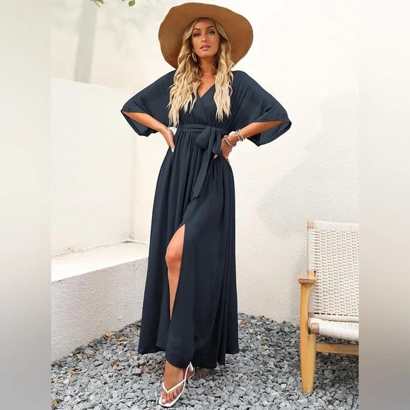 Womens 1/2 Sleeve Beach Wedding Guest Maxi Dress | Wrap V Neck Boho Slit Dress - Picture 2 of 7